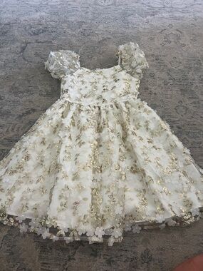 Rare Editions White and Gold Floral Overlay Party Dress
